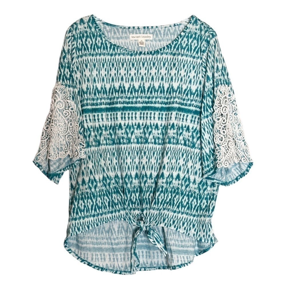 🌺 New York Laundry Teal Ikat Tie Front Lace Flounce Sleeve Blouse Size 1X